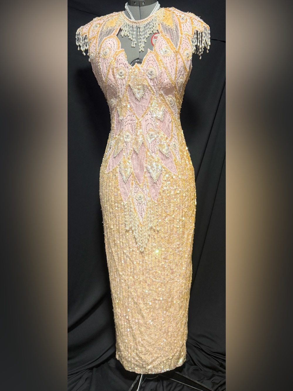 Vintage Sho Max 100% Silk Pink and Gold Sequin and beaded Evening Dress